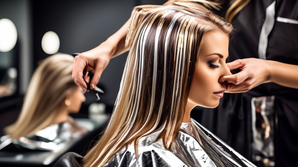 Create an image of a hair salon with a hairstylist applying hair foils to a client. Show the stylist carefully wrapping sections of the client's hair in foil, with a variety of coloring products on a