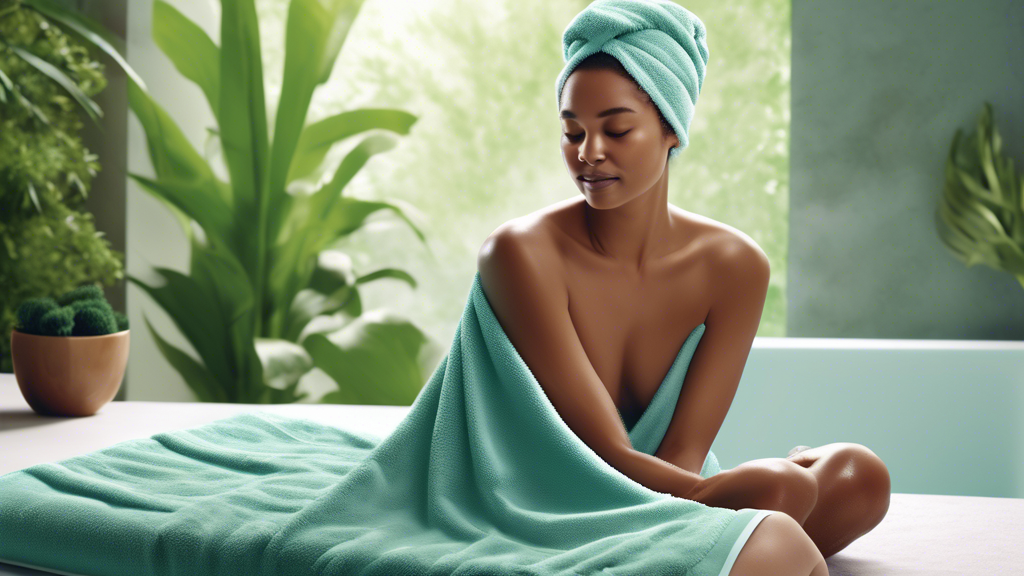 Create a vibrant, spa-like scene where a person with wet hair is wrapping themselves in a plush, ultra-absorbent Aquis towel. Emphasize the softness and quick-drying features of the towel, showcasing