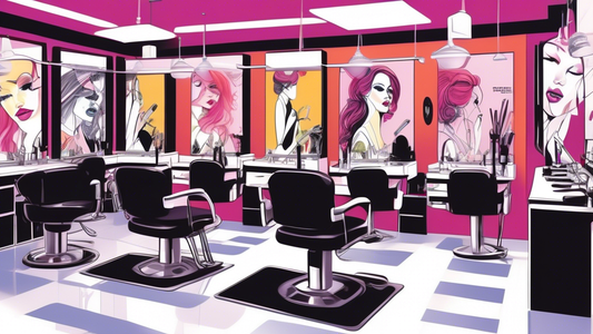 Create a vibrant, detailed illustration of a modern cosmetology classroom at a top college. Show students working on hair and makeup techniques with professional tools, alongside instructors providing
