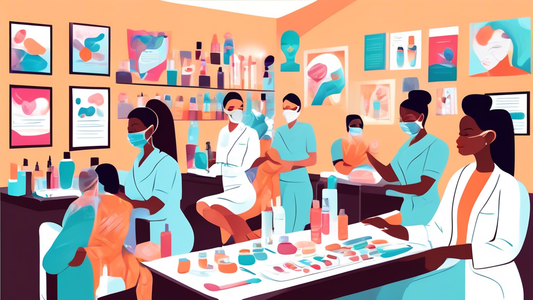 Create an illustration depicting the journey to becoming a licensed esthetician: A person studying skincare anatomy in a classroom, practicing facial treatments in a modern spa, and proudly receiving