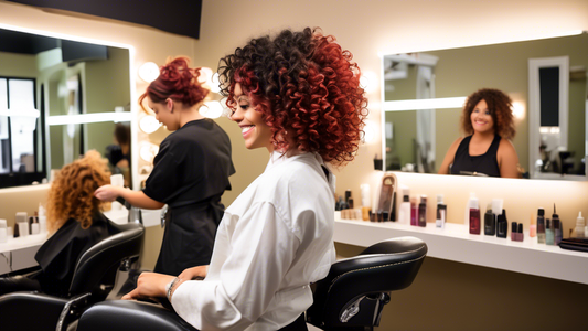 A vibrant, modern salon bustling with activity. A skilled hairstylist with a warm smile attentively works on a client's luscious curly hair. The salon interior is chic and well-lit, with contemporary