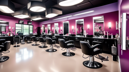 A bright and modern classroom filled with cosmetology students practicing various beauty techniques, including hair cutting, styling, makeup application, and nail art. The room is equipped with salon