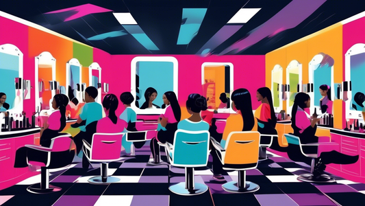 Create a vibrant and lively image of a diverse group of students at Emily Griffith Cosmetology School. They should be enthusiastically engaging in various beauty and cosmetology activities such as hai