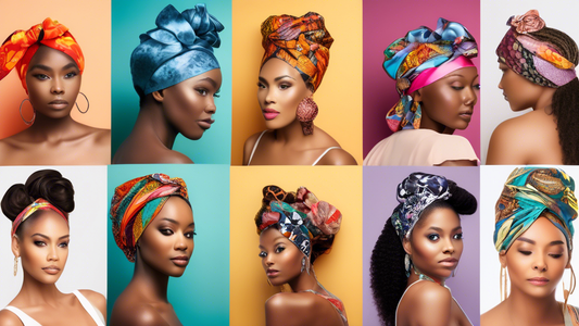 A vibrant and colorful image showcasing a variety of stylish hair wraps made from different fabrics, textures, and patterns. Each hair wrap is displayed on beautifully styled hair, highlighting how th