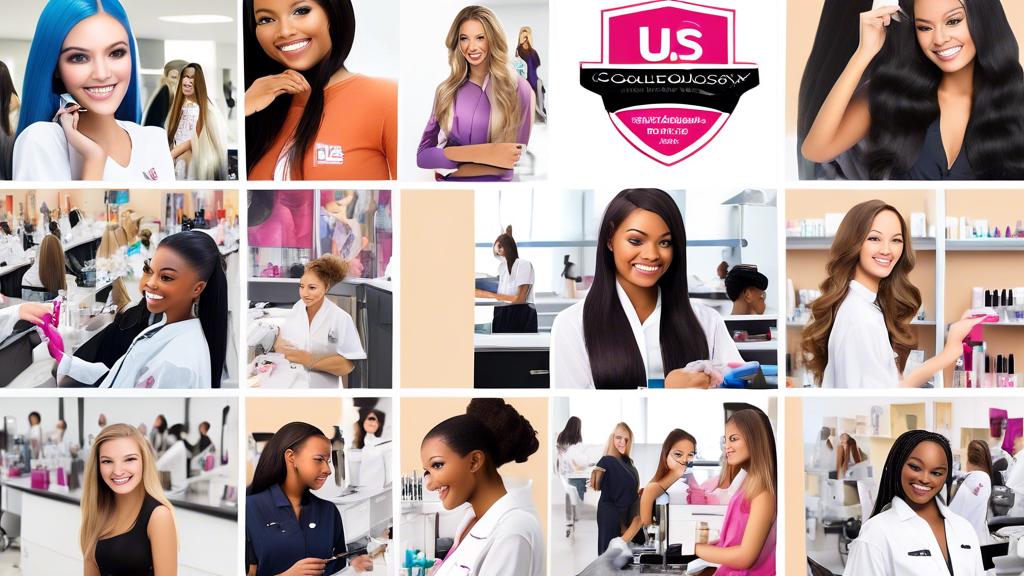 A vibrant and dynamic collage depicting the top colleges known for their cosmetology programs. The image includes diverse students working on mannequins in state-of-the-art beauty labs, modern campus