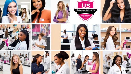 A vibrant and dynamic collage depicting the top colleges known for their cosmetology programs. The image includes diverse students working on mannequins in state-of-the-art beauty labs, modern campus