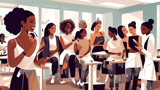 Create an image showcasing a diverse group of enthusiastic students in a modern classroom setting, practicing cosmetic techniques such as makeup application, skincare treatments, and hairstyling. The