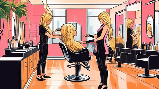 Create a detailed illustration of a modern hair salon with a stylist expertly applying full foil highlights to a client's hair, showcasing various stages of the process and the tools used. The client