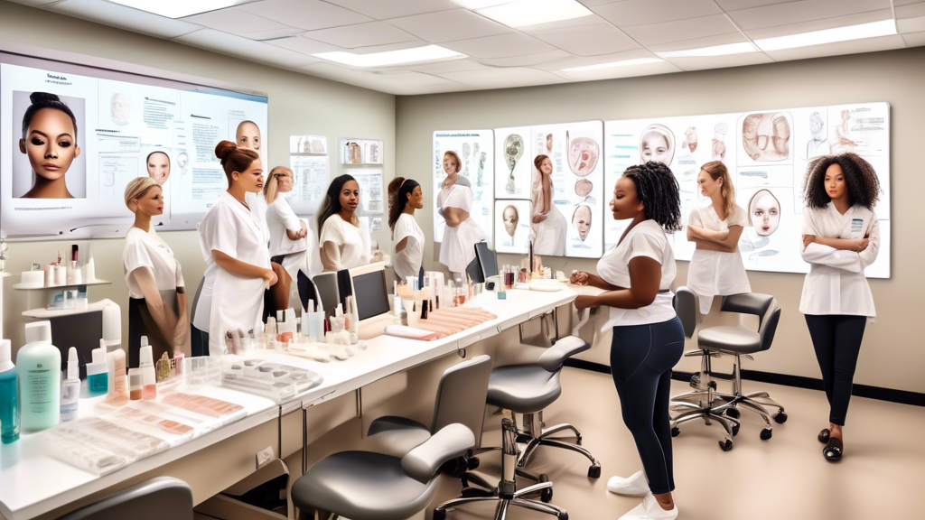 Create an image that shows a diverse group of people in a modern classroom setting, all focused on different aspects of esthetician training. Include elements such as a whiteboard with skincare diagra