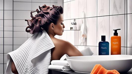 Create an image showcasing a luxurious bathroom setting where a person is happily wrapping their wet hair with an Aquis Waffle Hair Towel. The towel's unique waffle texture is clearly visible. In the