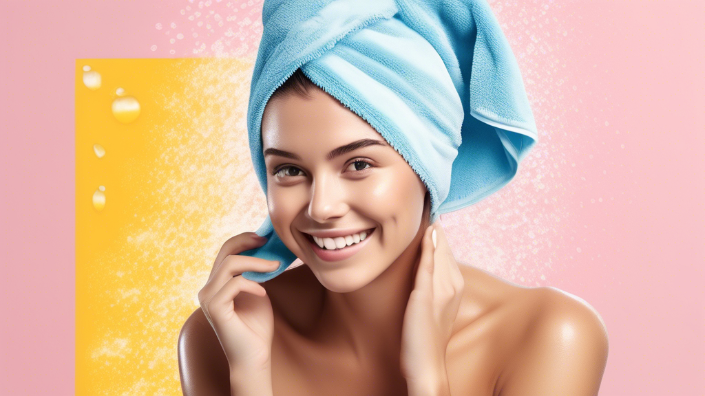 Create an image of a person with wet hair using a brightly colored microfibre hair towel. The scene should depict the towel quickly absorbing water from the person's hair, while highlighting the soft