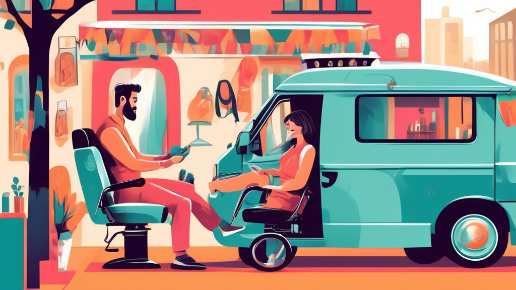 Create an illustration of a happy customer receiving a stylish haircut from a friendly mobile hairdresser in a well-designed mobile salon van. The scene should include a cityscape background with the