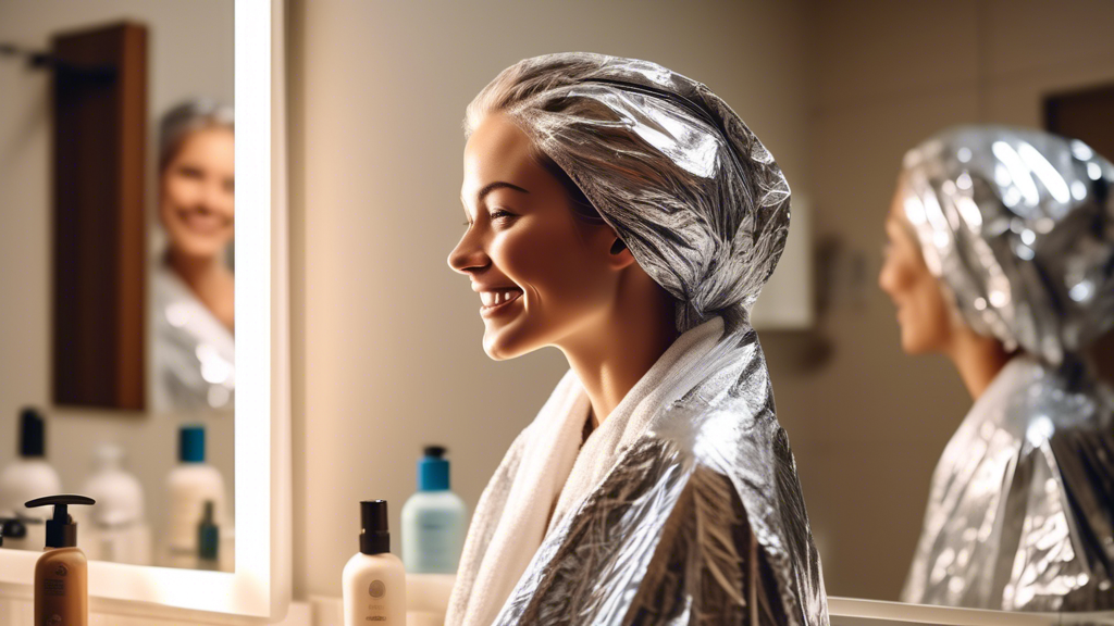 Create an image of a person highlighting their hair using aluminum foil in a cozy home bathroom. The person is smiling and appears confident, with sections of their hair wrapped neatly in foil. The ba
