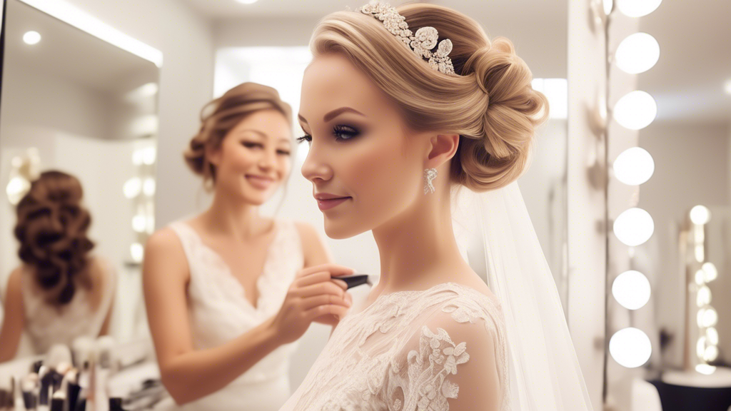 Create an elegant and bright scene inside a chic bridal salon, showcasing a bride-to-be with radiant joy, surrounded by various hairstyling tools. The talented hairstylist is skillfully arranging the