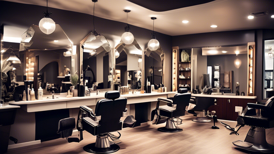 Create an image featuring a modern, upscale men's hair salon with stylish decor and a soothing ambiance. Include a skilled stylist working attentively on a client’s hair, using professional tools and