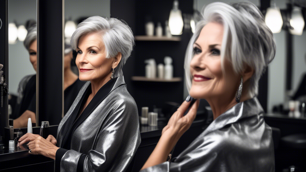 Create an image of a stylish woman in her late 50s with silver-grey hair, elegantly incorporated with black foils. She is sitting in a chic, modern salon, admiring her bold and sophisticated new look
