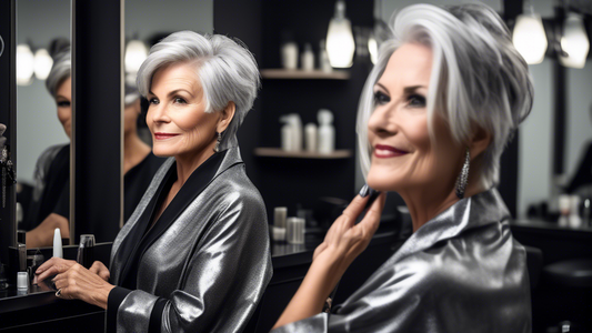 Create an image of a stylish woman in her late 50s with silver-grey hair, elegantly incorporated with black foils. She is sitting in a chic, modern salon, admiring her bold and sophisticated new look