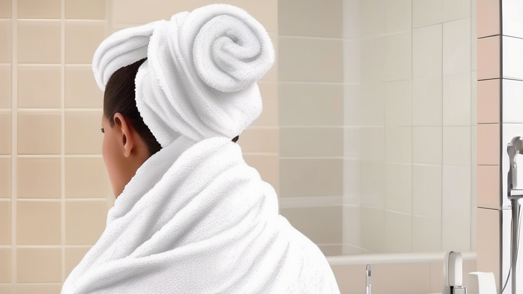 Create an image of a stylishly designed bathroom with a person using a Turbie Twist hair towel. The person should look relaxed and happy, effortlessly wrapping their damp hair in the towel. Highlight