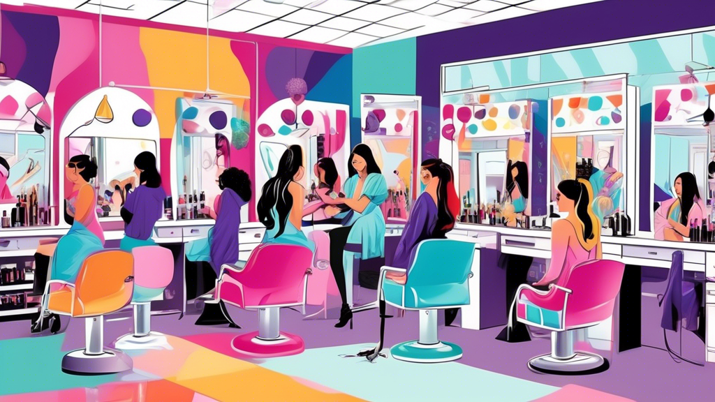A vibrant and polished scene showcasing a modern cosmetology college campus, bustling with diverse students engaged in hands-on beauty training activities. Include state-of-the-art salon equipment, st