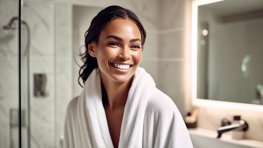 Create an image of a woman with wet hair wrapped in a stylish, soft microfiber towel, standing in a chic, modern bathroom. The woman is smiling in the mirror while the towel absorbs moisture from her