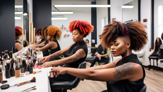 Create a vibrant and engaging image of a modern, well-equipped beauty school classroom. Include diverse students attentively practicing hair and makeup techniques under the guidance of an instructor.