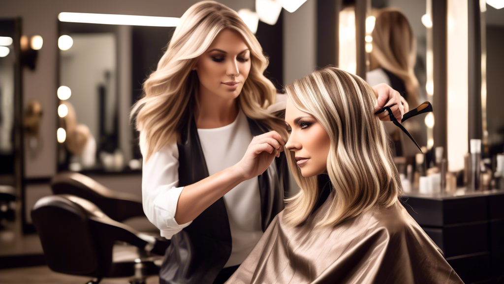 Create an image of a luxurious modern hair salon with a professional stylist applying ash blonde and brown foils to a client’s hair. The client is seated in a sleek salon chair, surrounded by stylish