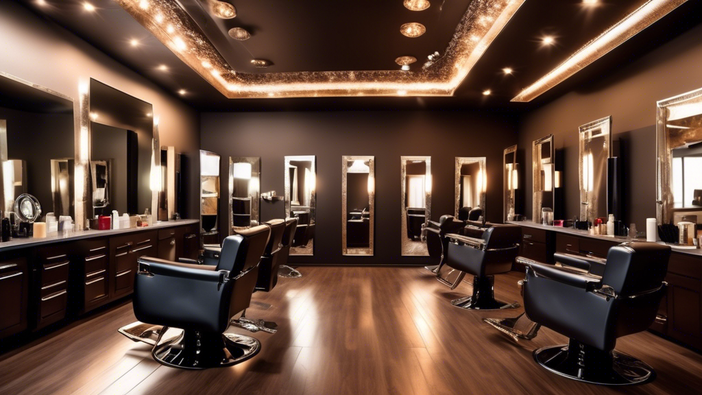 Create an image of a stylish modern salon with a hairdresser applying foils to a client's dark brown hair. The salon should have a chic and contemporary interior design with bright lighting. Highlight