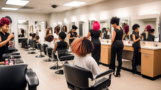 Create a vibrant scene illustrating the journey to becoming a certified hair stylist: Show a diverse group of aspiring stylists attending a professional training session, practicing techniques on mann