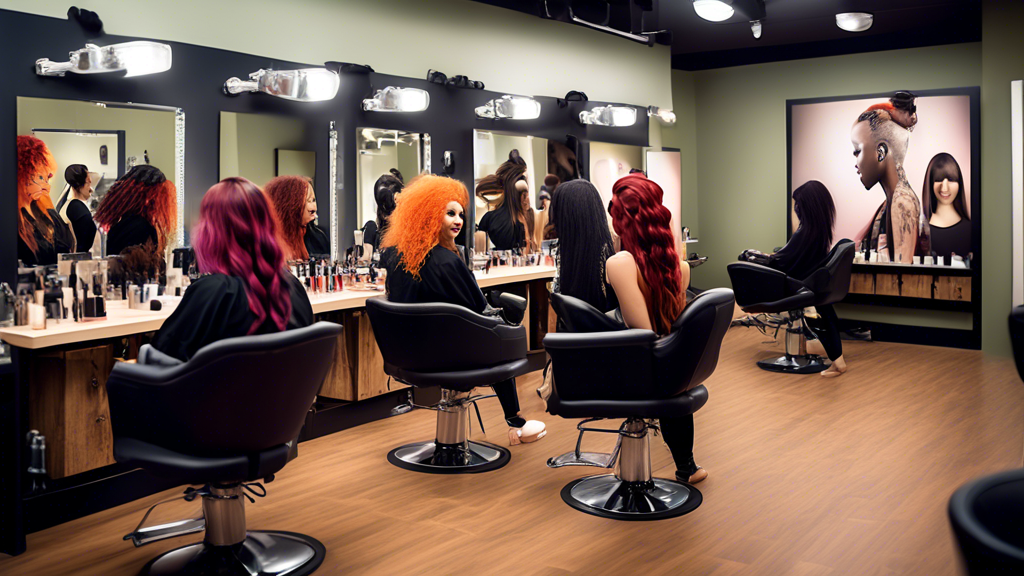 Create an image showcasing a diverse group of enthusiastic students in a modern, vibrant Aveda cosmetology classroom. The setting includes state-of-the-art hair styling and makeup stations with Aveda