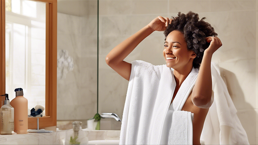 Create a detailed image of a person happily drying their hair with an Aquis Original Hair Towel in a cozy and stylish bathroom. The towel should look ultra-absorbent and gentle, and the person’s hair