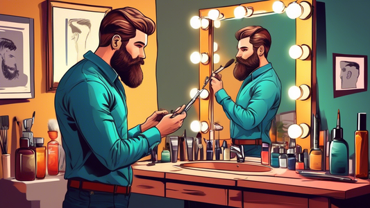 Create a detailed image of a well-groomed man standing in front of a mirror, using a small brush to apply beard color with precision. The scene should include various beard grooming tools on the count
