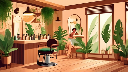 Create an inviting and cozy salon interior with natural wooden accents and lush green plants. Show a friendly hairdresser using organic hair products on a happy client. The products should be clearly