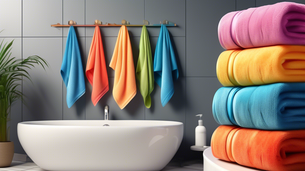 Create an image of a modern bathroom setting with neatly arranged, colorful hair towels prominently displayed. The towels should look plush and absorbent, and include models with different hair types