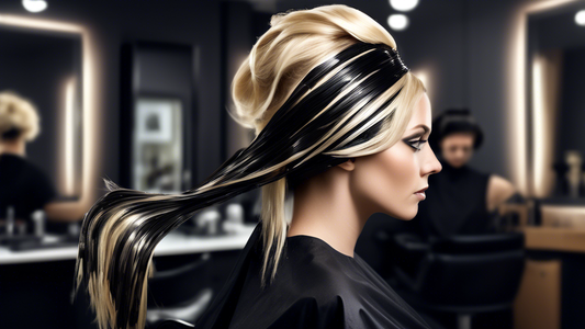 Create an imaginative and artistic image of a person with striking blonde hair interwoven with bold black foils. The setting can be a trendy, high-fashion hair salon with an eccentric, modern design.