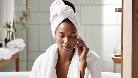 Create an image that showcases a serene, spa-like bathroom setting with a woman wrapping her hair in a stylish Dock and Bay hair wrap. The hair wrap should be vibrant in color, perhaps with a striped