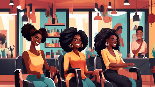 Illustration of a welcoming and stylish black hair salon, showcasing diverse hairstyles like braids, afros, and locs. The salon has a modern interior with friendly hairstylists attending clients, and