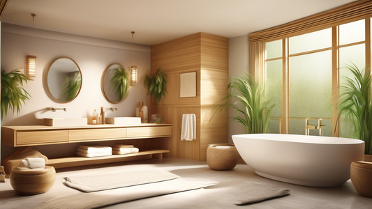 Create a detailed digital illustration showcasing a serene bathroom setting with a soft bamboo hair towel prominently displayed. Highlight its luxurious texture, eco-friendly nature, and quick-drying