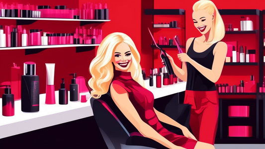 A woman with blonde hair sitting in a modern salon, while a stylish hairdresser applies vibrant red foils to her hair. The salon is well-lit with sleek décor, and the woman is smiling, indicating her