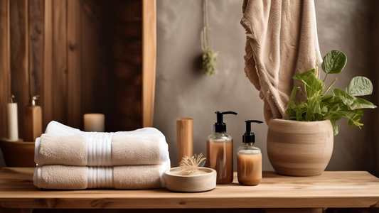 Create an image depicting a serene bathroom setting, featuring a soft, earth-toned organic hair towel hanging on a rustic wooden rack. Show a person with lush, healthy hair gently patting it dry with
