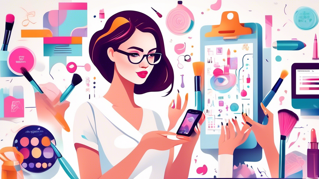 Create an image that visually represents a search for top beauty courses. Imagine a stylish young woman holding a smartphone with an open map app, displaying local markers representing various beauty