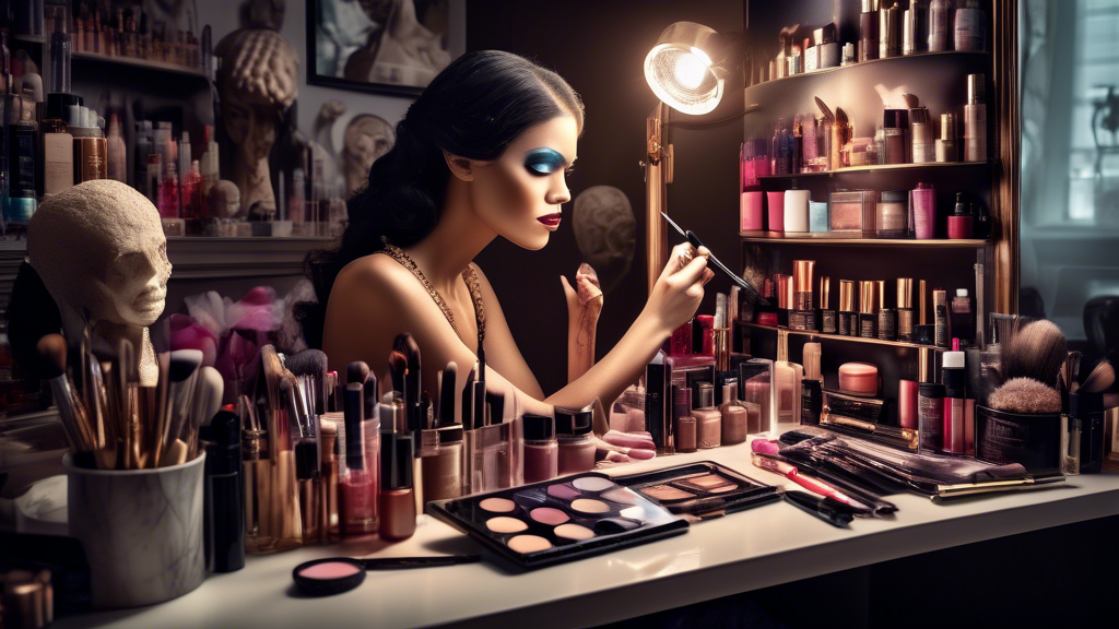 A high-resolution image featuring a diverse array of makeup tools and cosmetics arranged artfully on a vanity table, with a cosmetologist applying makeup to a model. The background showcases detailed