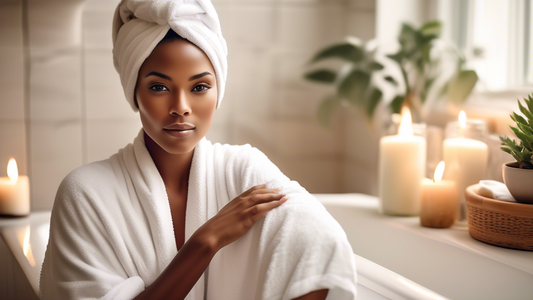 Create an image showcasing a serene woman with radiant skin, wrapped in a soft, white terry cloth head wrap. She is sitting in a cozy, well-lit bathroom or spa setting with plants and candles around.
