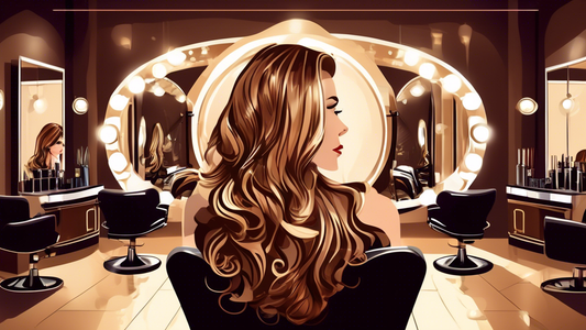 Create an image of a woman with a stunning brown hair base and stylish blonde highlights. She is in a modern, chic hair salon, admiring her trendy hair makeover in a large, ornate mirror. The backgrou