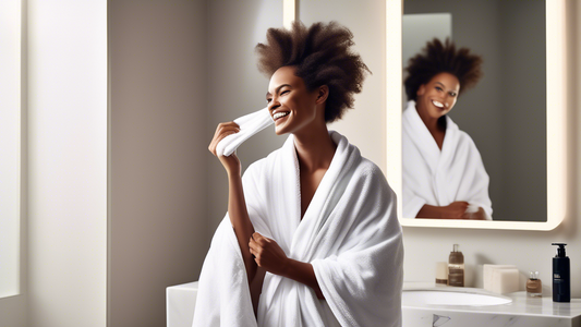 Create a high-resolution image of a luxurious, ultra-soft quick-dry towel branded 'Volo Hair Hero.' The towel should be elegantly draped over a modern bathroom vanity with a glossy marble countertop.
