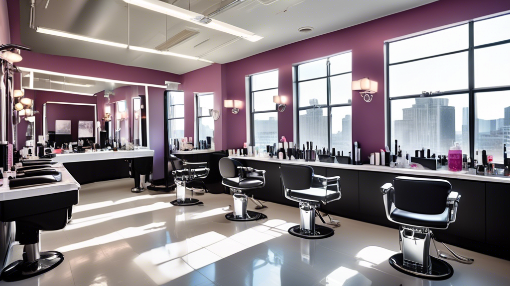 Create an image of a modern, stylish cosmetology classroom filled with students actively engaged in various beauty treatments. Include elements like hairdressing stations, makeup mirrors with lights,