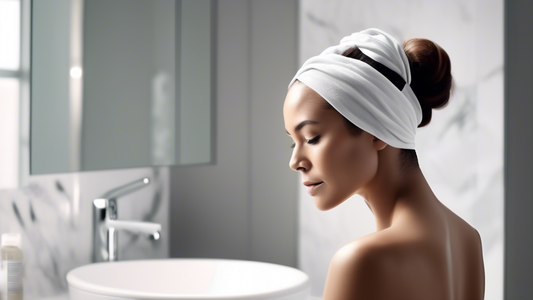 Create an image showcasing a modern, minimalist bathroom with a woman using an Aquis Hair Wrap. The woman should have a relaxed, blissful expression as she gently wraps her hair. The hair wrap should