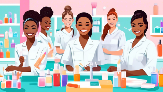 Create an image of a smiling, diverse group of students wearing esthetician uniforms while engaged in hands-on skincare training, surrounded by modern equipment and educational materials in a bright,