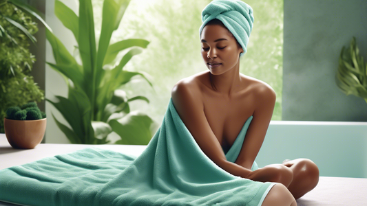 Create a vibrant, spa-like scene where a person with wet hair is wrapping themselves in a plush, ultra-absorbent Aquis towel. Emphasize the softness and quick-drying features of the towel, showcasing 