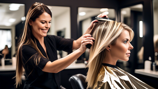 A vibrant salon scene featuring a stylist applying blond foils to a client's dark hair. The client is seated in a modern salon chair, surrounded by sleek, contemporary décor. The stylist is meticulous