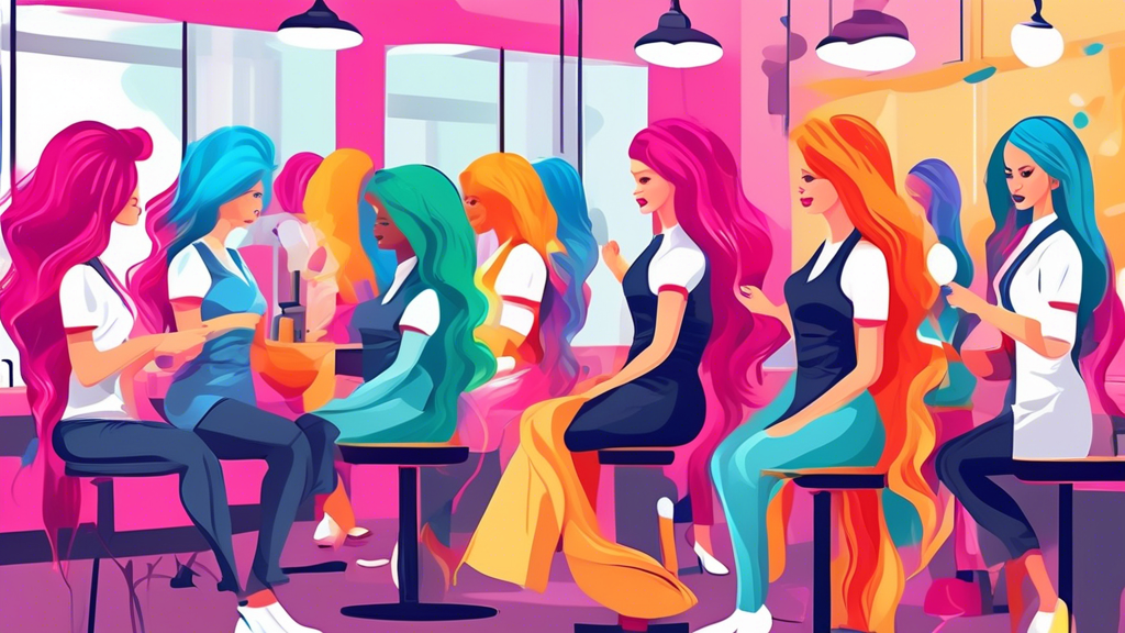 Create an image of a vibrant hair salon workshop filled with people attentively learning hair coloring techniques from an expert stylist. The scene should include colorful hair dye bottles, mannequins